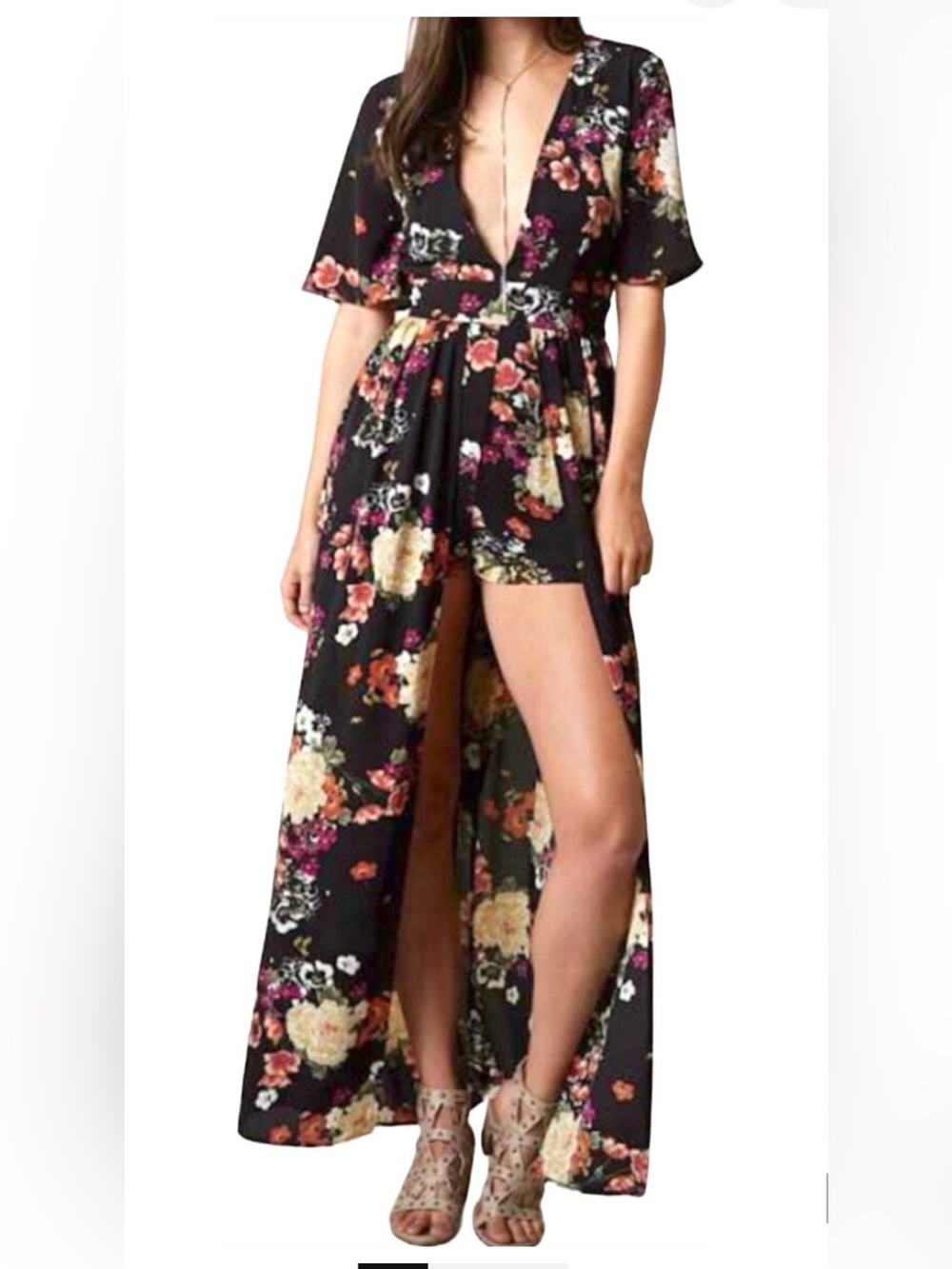 NEW DAYTRIP THE BUCKLE BLACK FLORAL PRINT ROMPER MAXI DRESS SIZE SMALL